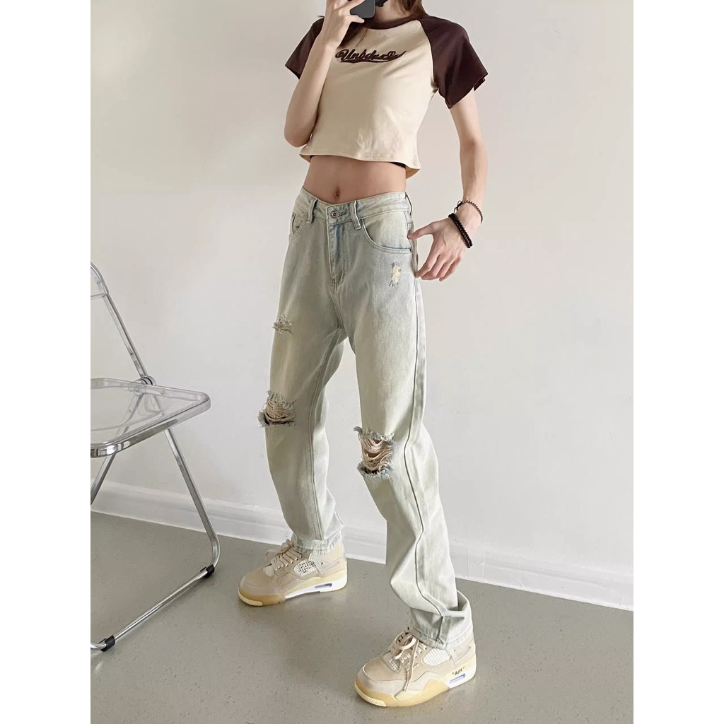 Jiashucheng Quần Jean Rách Dáng Suông Ôm Sát Màu Vàng Bùn Cao Cấp Phong Cách Đường Phố Mỹ Retro Đường Phố Cho Nữ Giới