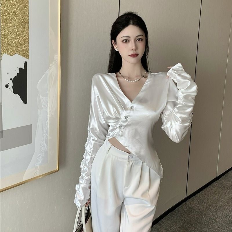 Jiashucheng Áo Sơ Mi Tay Dài Cổ Chữ V Dáng Ôm Phong Cách Pháp Thời Trang Mùa Xuân Sang Trọng Cho Nữ