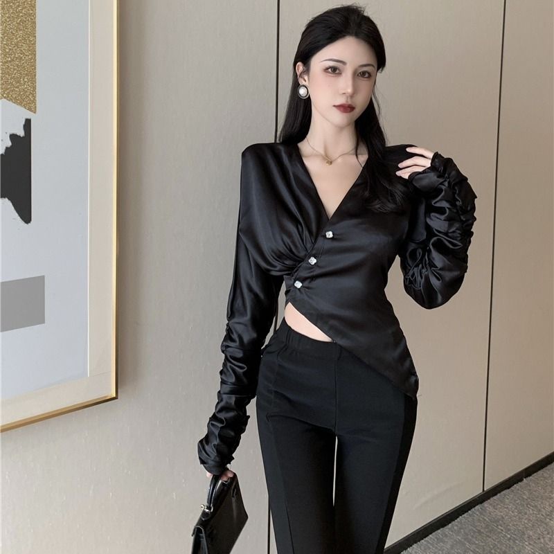 Jiashucheng Áo Sơ Mi Tay Dài Cổ Chữ V Dáng Ôm Phong Cách Pháp Thời Trang Mùa Xuân Sang Trọng Cho Nữ