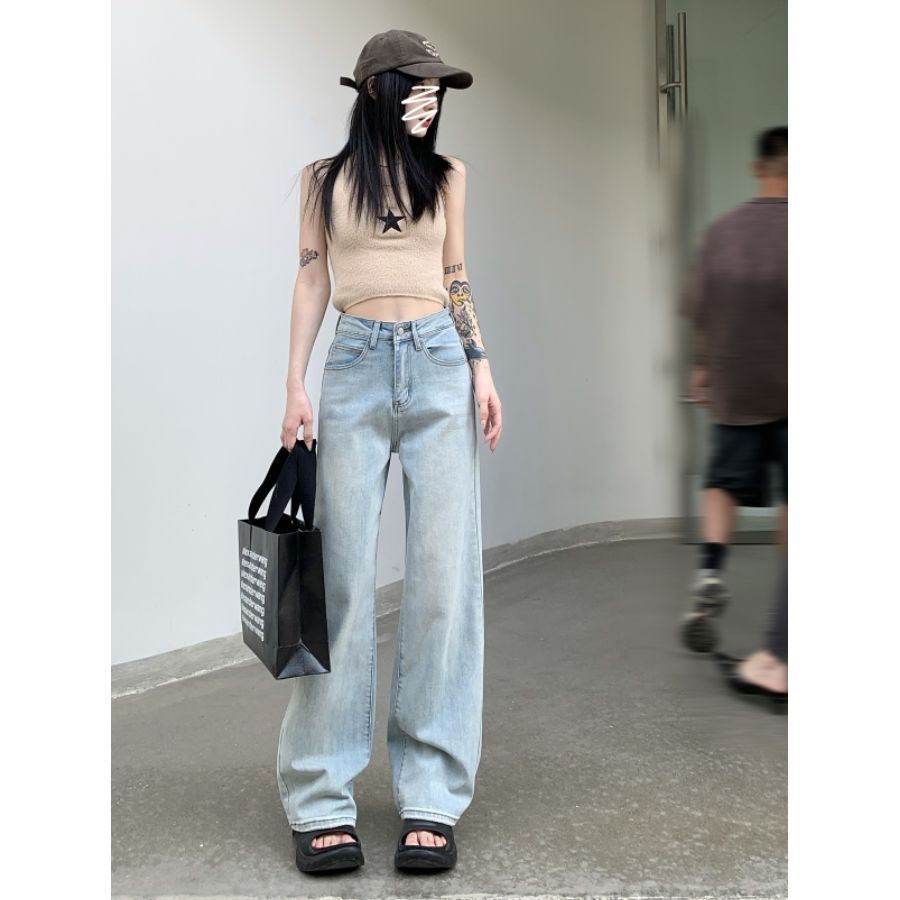 Jiashucheng Quần Jean Ống Rộng Màu Sáng Thêu Ngôi Sao Phong Cách Hàn Quốc Thời Trang Mùa Hè Mới Dành Cho Nữ