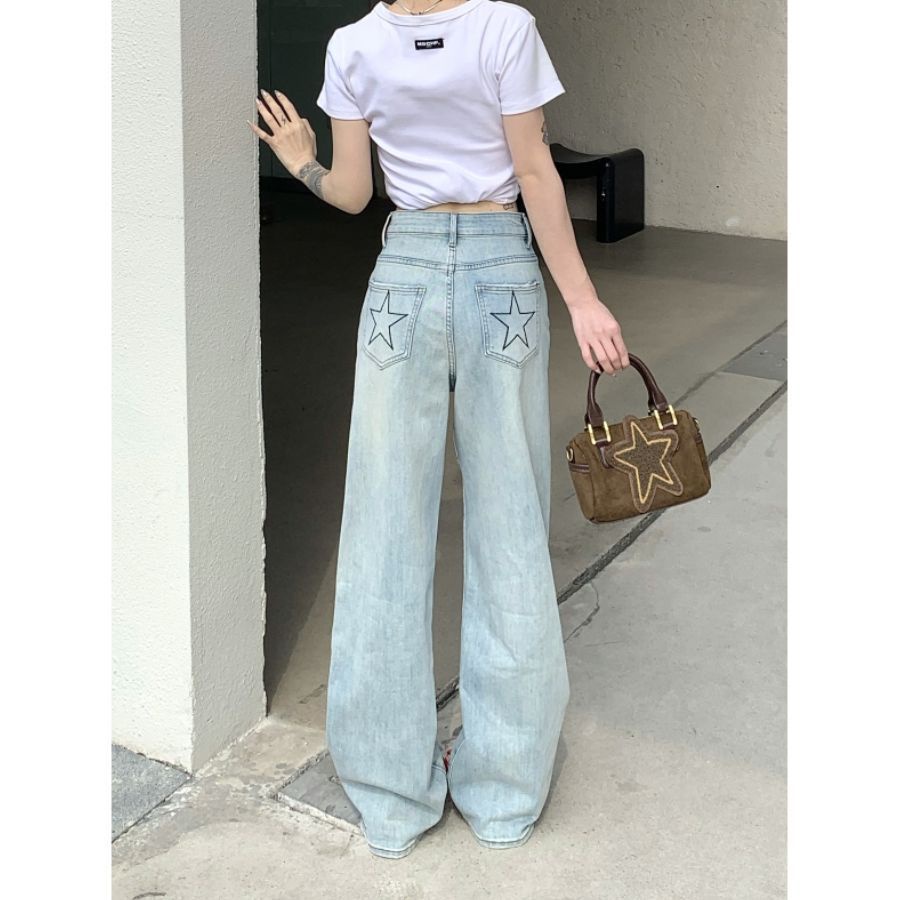 Jiashucheng Quần Jean Ống Rộng Màu Sáng Thêu Ngôi Sao Phong Cách Hàn Quốc Thời Trang Mùa Hè Mới Dành Cho Nữ
