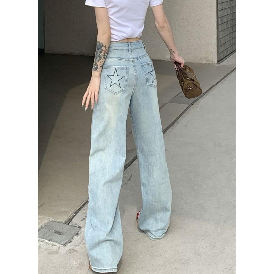 Jiashucheng Quần Jean Ống Rộng Màu Sáng Thêu Ngôi Sao Phong Cách Hàn Quốc Thời Trang Mùa Hè Mới Dành Cho Nữ