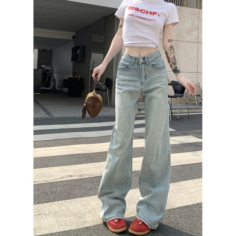 Jiashucheng Quần Jean Ống Rộng Màu Sáng Thêu Ngôi Sao Phong Cách Hàn Quốc Thời Trang Mùa Hè Mới Dành Cho Nữ