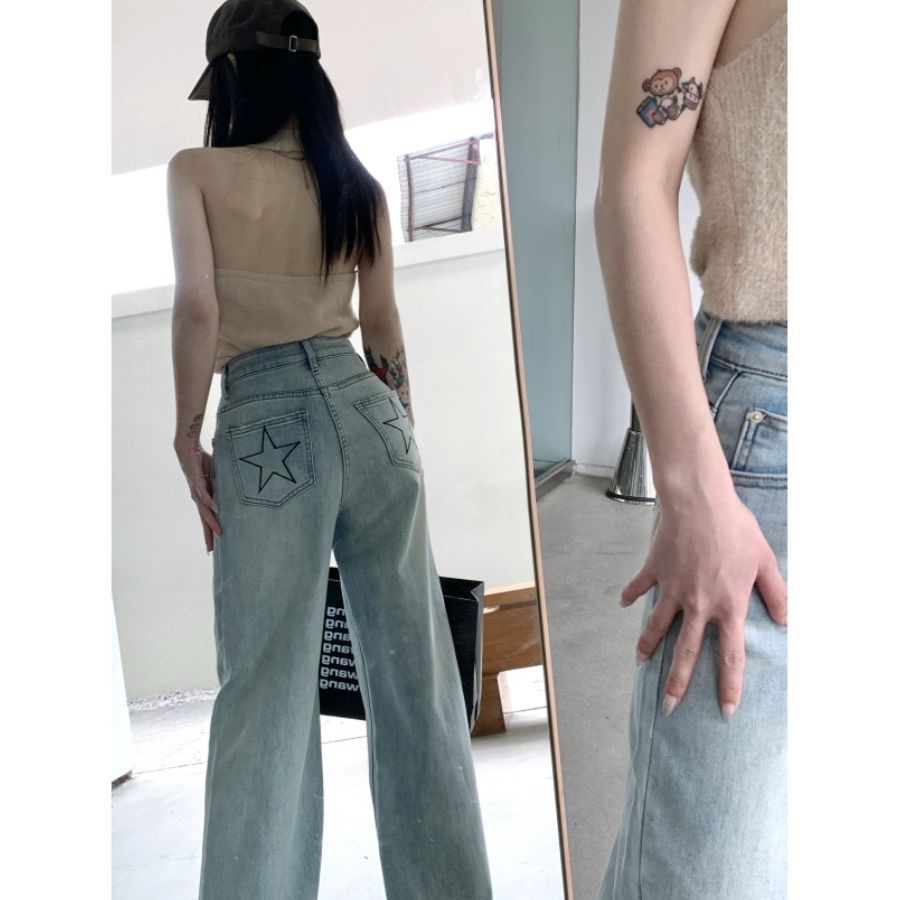 Jiashucheng Quần Jean Ống Rộng Màu Sáng Thêu Ngôi Sao Phong Cách Hàn Quốc Thời Trang Mùa Hè Mới Dành Cho Nữ