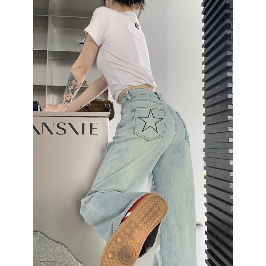 Jiashucheng Quần Jean Ống Rộng Màu Sáng Thêu Ngôi Sao Phong Cách Hàn Quốc Thời Trang Mùa Hè Mới Dành Cho Nữ
