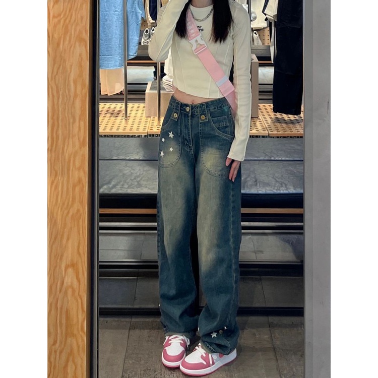 Jiashucheng Quần Jean Ống Rộng Lưng Cao Phong Cách Hàn Quốc Thời Trang Mùa Hè Cho Nữ