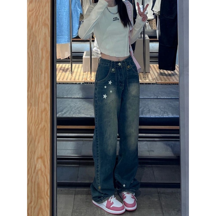 Jiashucheng Quần Jean Ống Rộng Lưng Cao Phong Cách Hàn Quốc Thời Trang Mùa Hè Cho Nữ