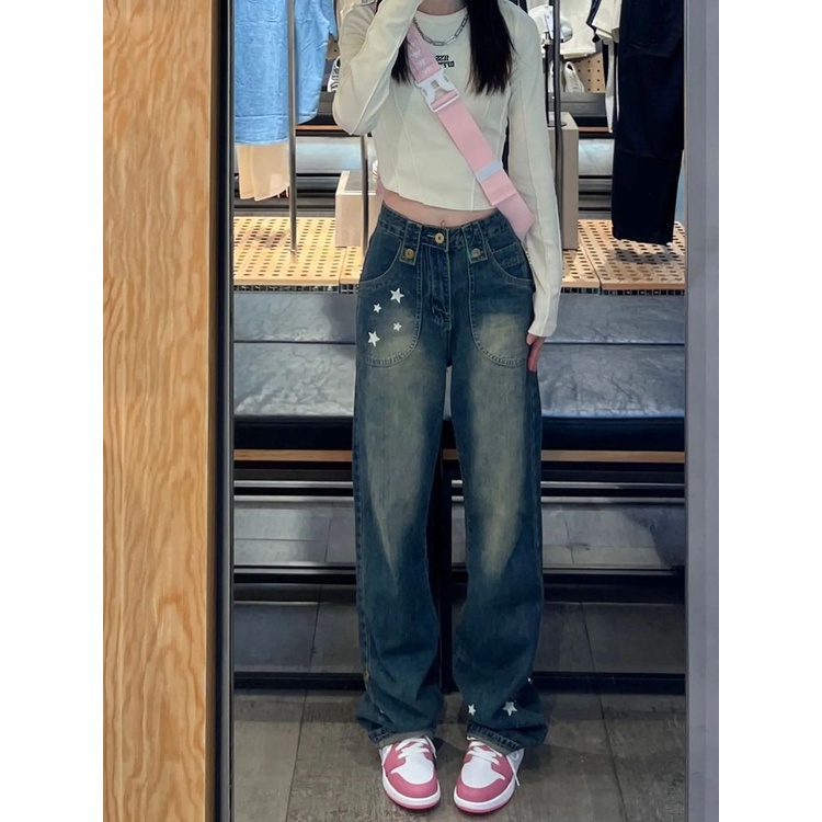 Jiashucheng Quần Jean Ống Rộng Lưng Cao Phong Cách Hàn Quốc Thời Trang Mùa Hè Cho Nữ