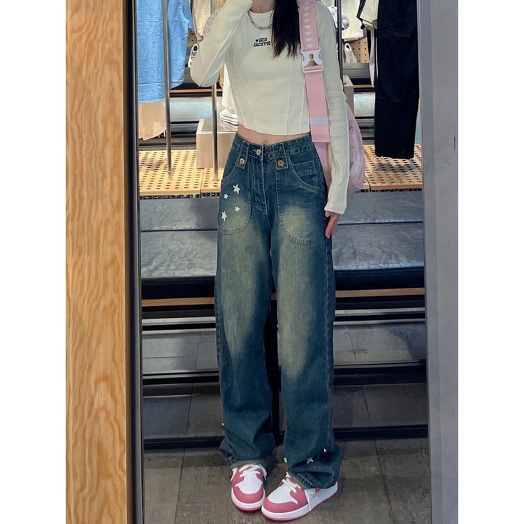 Jiashucheng Quần Jean Ống Rộng Lưng Cao Phong Cách Hàn Quốc Thời Trang Mùa Hè Cho Nữ