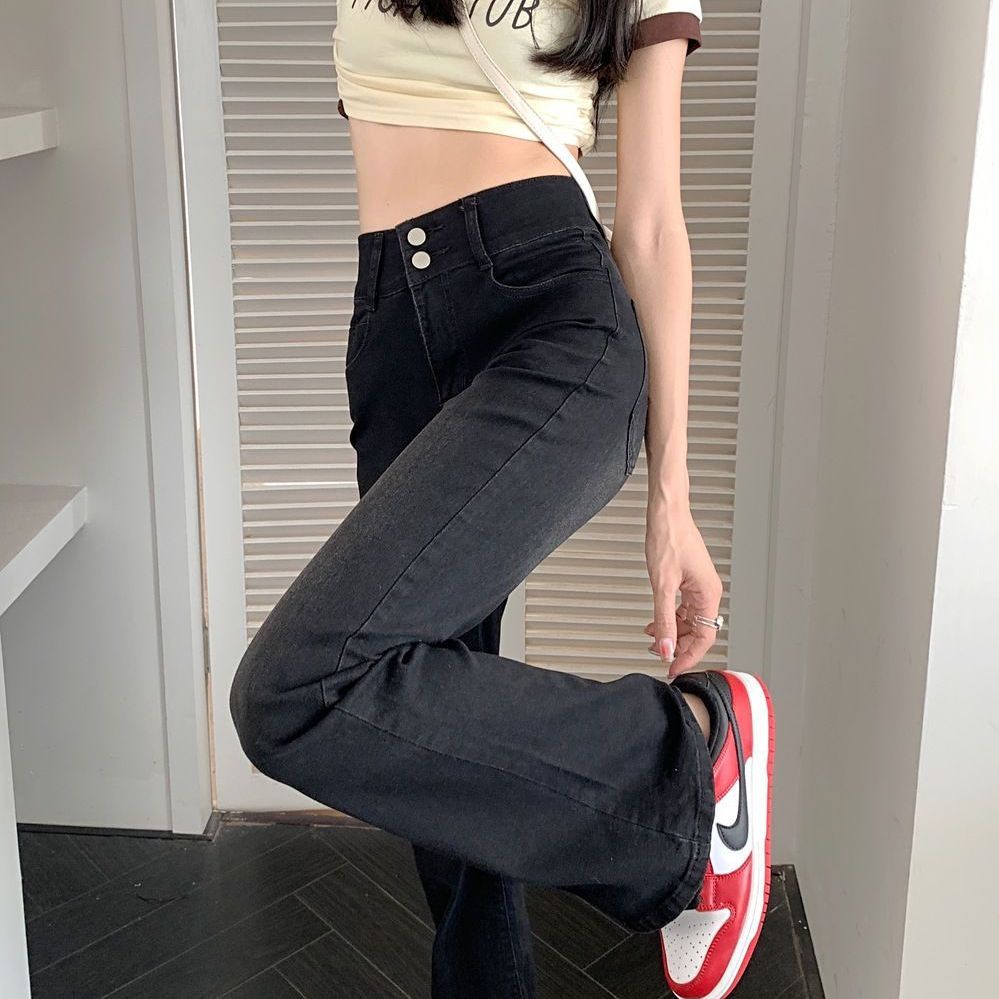 Jiashucheng Quần Jean Nữ Lưng Cao Dáng Ôm Vừa Vặn Màu Đen Xám Phong Cách Hàn Quốc Dễ Phối Đồ Thời Trang Mùa Thu