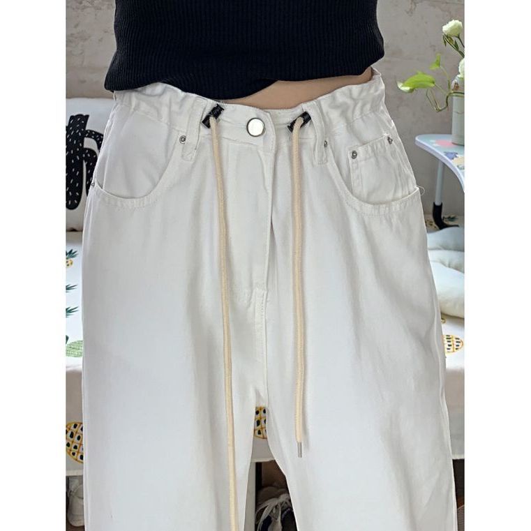 Jiashucheng Quần Jean Lưng Cao Ống Rộng Phối Dây Rút Thời Trang Cá Tính Cho Nữ