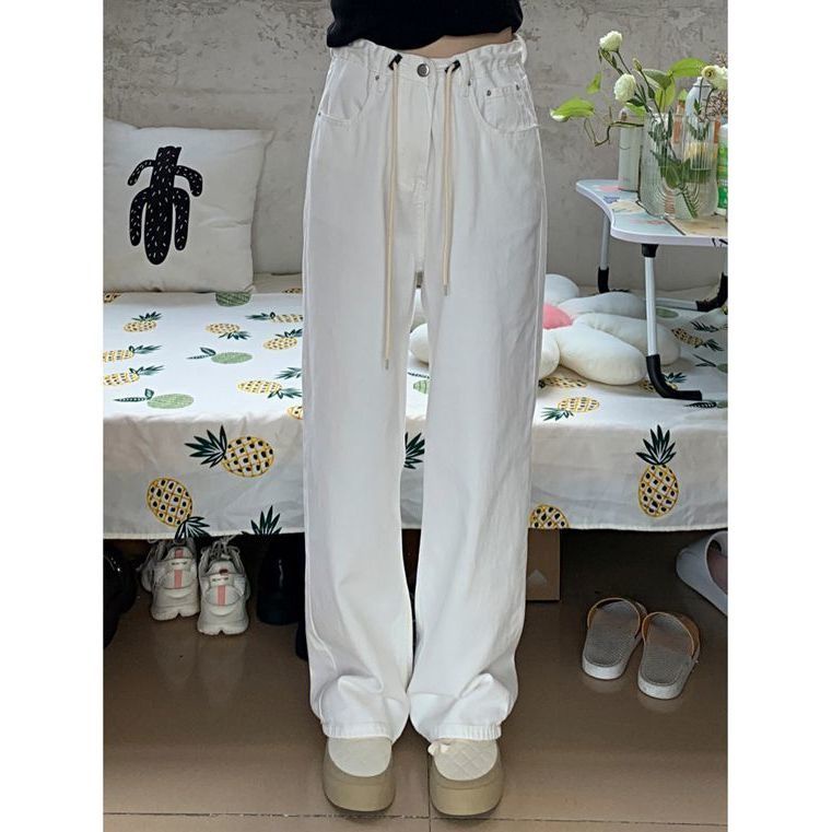 Jiashucheng Quần Jean Lưng Cao Ống Rộng Phối Dây Rút Thời Trang Cá Tính Cho Nữ