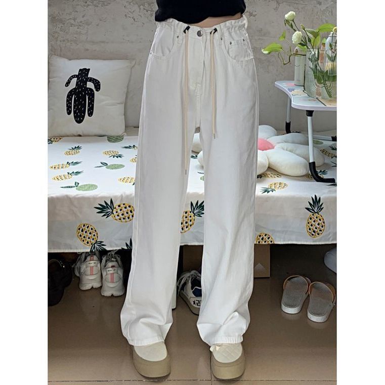 Jiashucheng Quần Jean Lưng Cao Ống Rộng Phối Dây Rút Thời Trang Cá Tính Cho Nữ