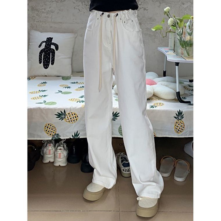 Jiashucheng Quần Jean Lưng Cao Ống Rộng Phối Dây Rút Thời Trang Cá Tính Cho Nữ