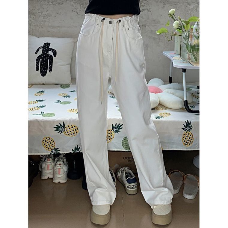 Jiashucheng Quần Jean Lưng Cao Ống Rộng Phối Dây Rút Thời Trang Cá Tính Cho Nữ