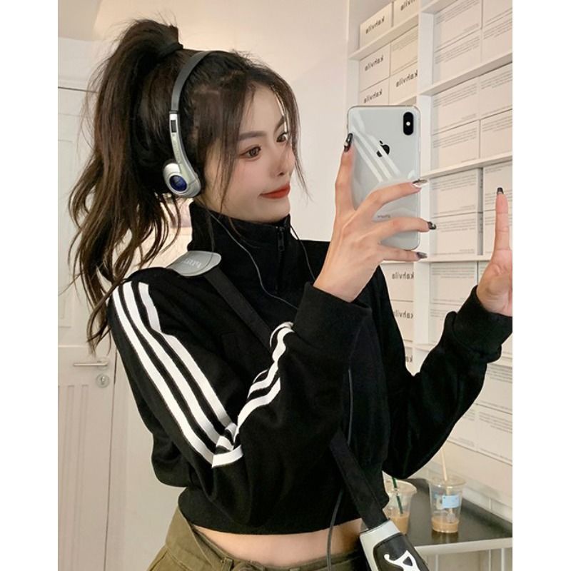 Jiashucheng Áo Khoác Khóa Kéo Ngắn Mỏng Tay Dài Cổ Đứng Ba Sọc Giản Dị Phong Cách Hàn Quốc Niche Mùa Thu Dành Cho Bạn Nữ