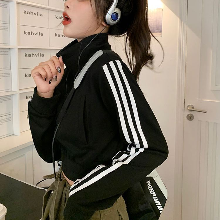 Jiashucheng Áo Khoác Khóa Kéo Ngắn Mỏng Tay Dài Cổ Đứng Ba Sọc Giản Dị Phong Cách Hàn Quốc Niche Mùa Thu Dành Cho Bạn Nữ