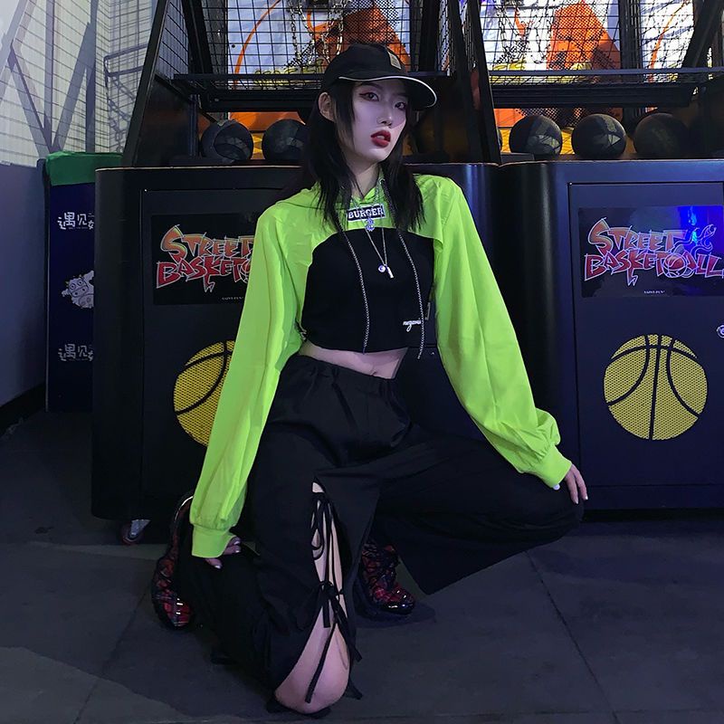 Jiashucheng Áo Hoodie Cotton Tay Dài Màu Xanh Lá Dạ Quang Siêu Mỏng Phong Cách Mới Mùa Thu Cho Nữ @