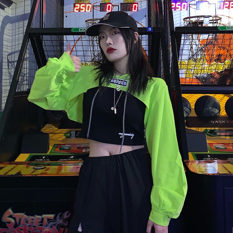 Jiashucheng Áo Hoodie Cotton Tay Dài Màu Xanh Lá Dạ Quang Siêu Mỏng Phong Cách Mới Mùa Thu Cho Nữ @