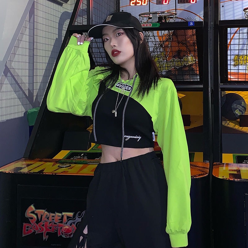 Jiashucheng Áo Hoodie Cotton Tay Dài Màu Xanh Lá Dạ Quang Siêu Mỏng Phong Cách Mới Mùa Thu Cho Nữ @