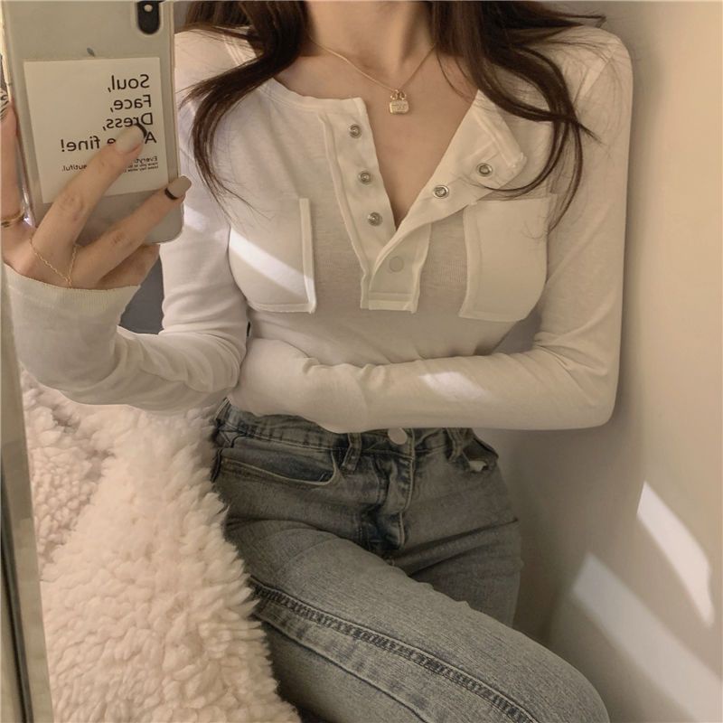 Áo Thun Nữ Tay Dài Cổ Chữ V Màu Trơn Phong Cách Thời Trang Mùa Thu Mới