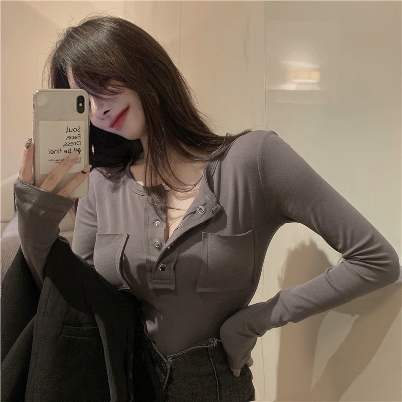 Áo Thun Nữ Tay Dài Cổ Chữ V Màu Trơn Phong Cách Thời Trang Mùa Thu Mới