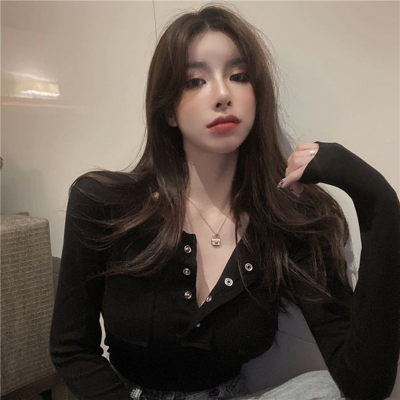 Áo Thun Nữ Tay Dài Cổ Chữ V Màu Trơn Phong Cách Thời Trang Mùa Thu Mới