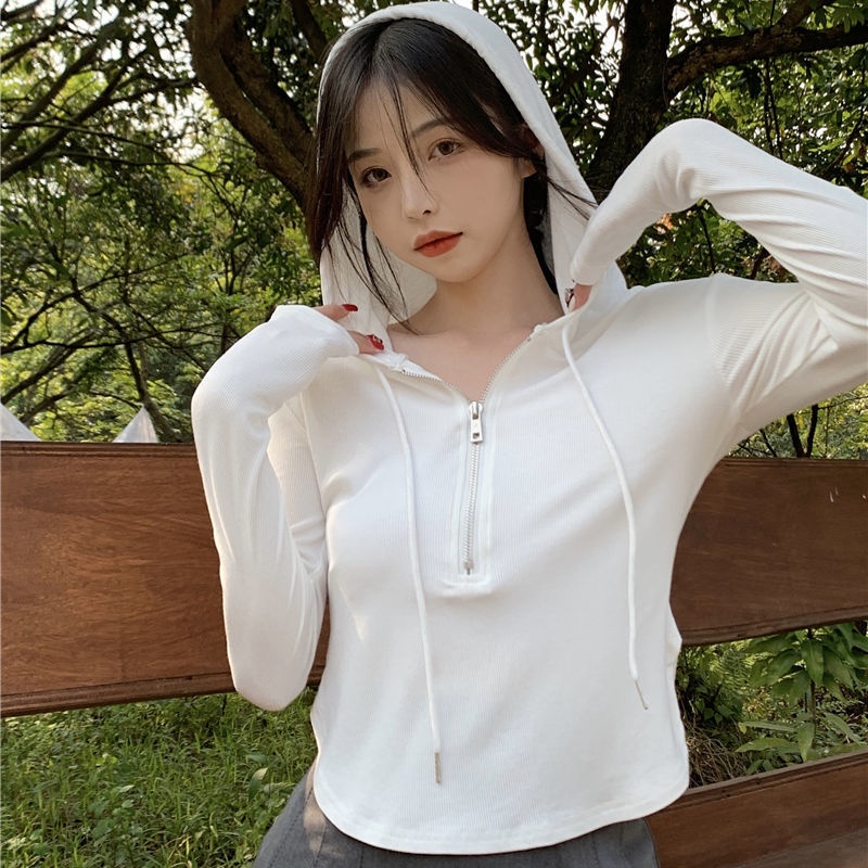 Jiashucheng Áo Thun Dệt Kim Có Mũ Trùm Dáng Ôm Dài Không Đối Xứng Phong Cách Mới Mùa Xuân Cho Nữ @