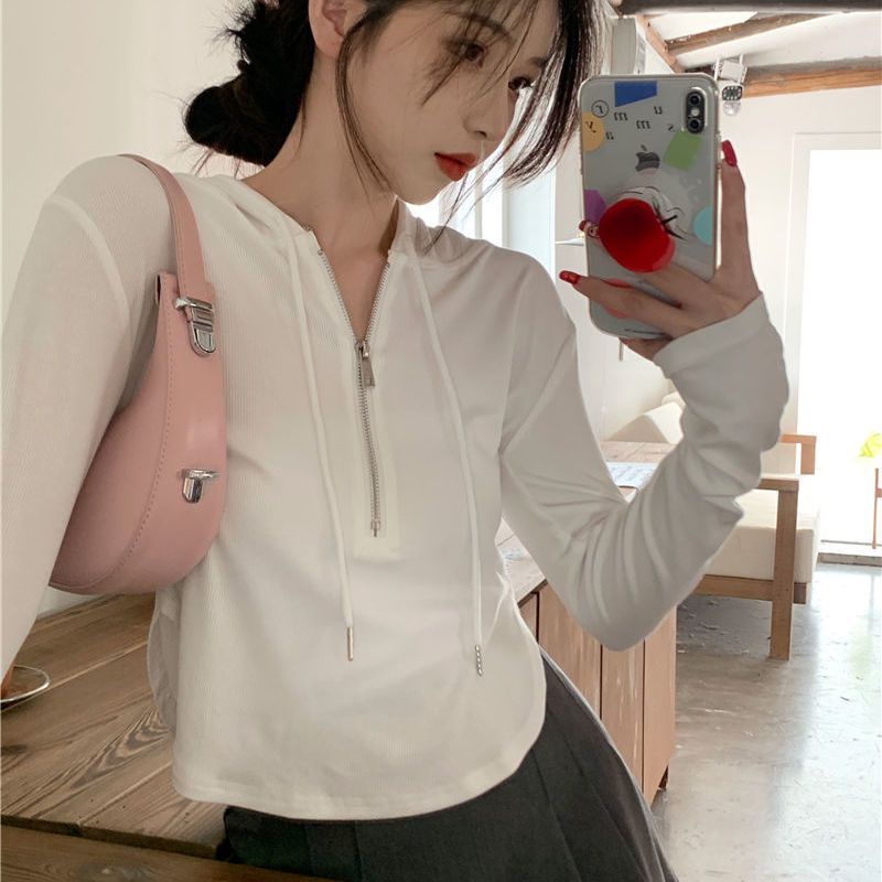 Jiashucheng Áo Thun Dệt Kim Có Mũ Trùm Dáng Ôm Dài Không Đối Xứng Phong Cách Mới Mùa Xuân Cho Nữ @