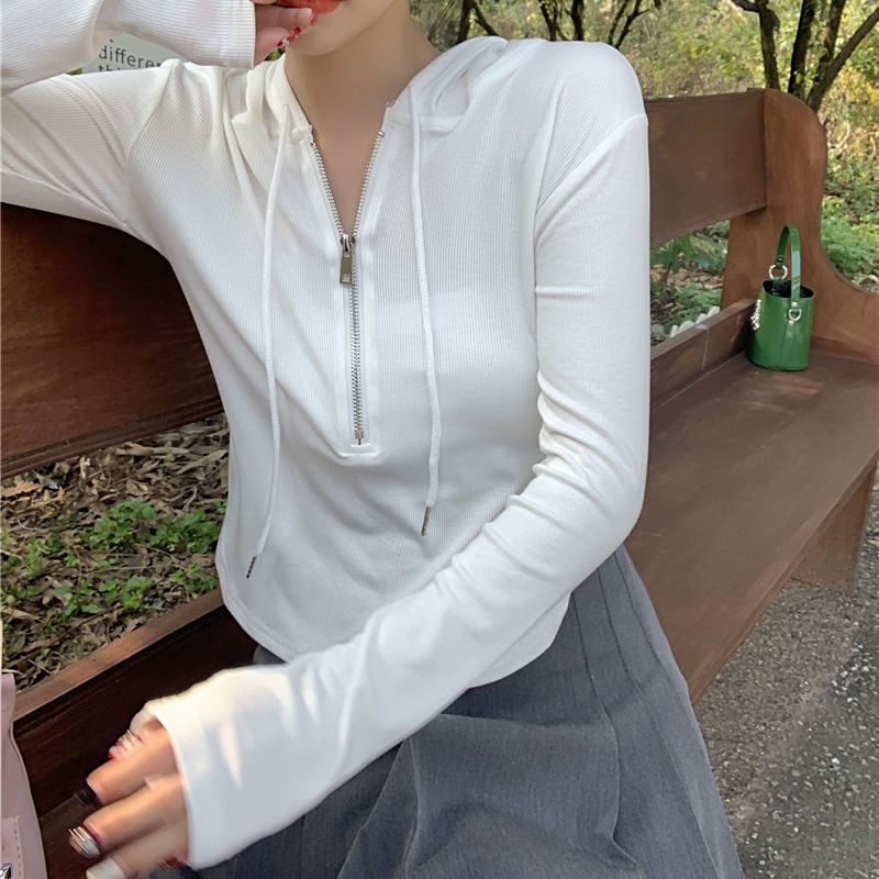 Jiashucheng Áo Thun Dệt Kim Có Mũ Trùm Dáng Ôm Dài Không Đối Xứng Phong Cách Mới Mùa Xuân Cho Nữ @