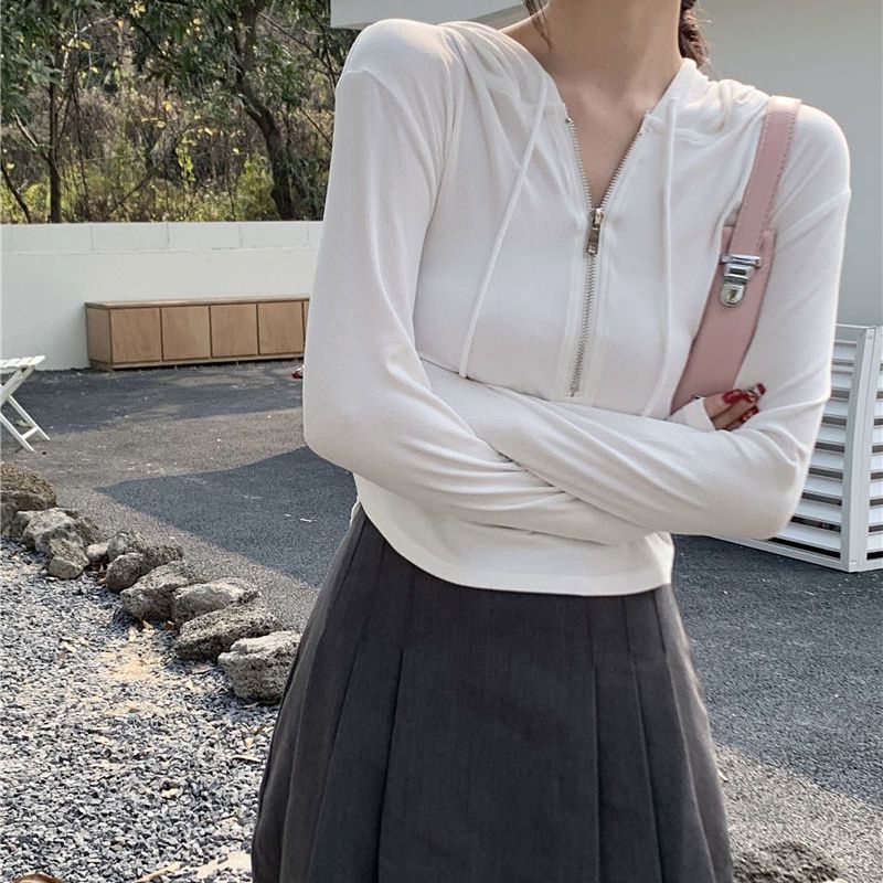 Jiashucheng Áo Thun Dệt Kim Có Mũ Trùm Dáng Ôm Dài Không Đối Xứng Phong Cách Mới Mùa Xuân Cho Nữ @