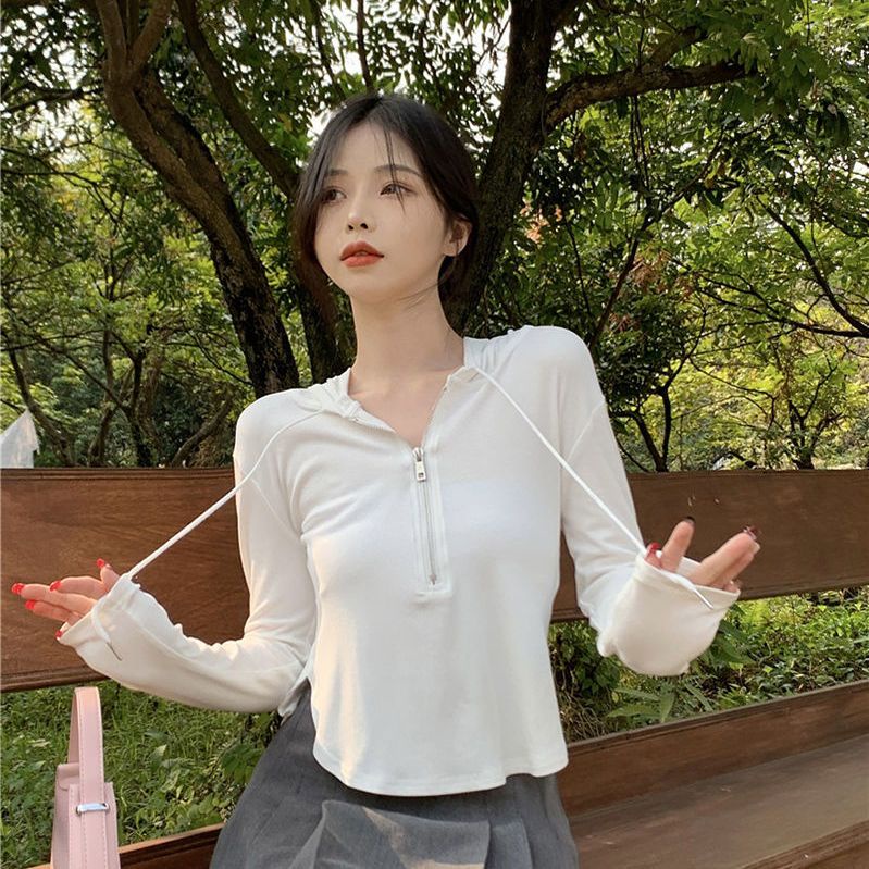 Jiashucheng Áo Thun Dệt Kim Có Mũ Trùm Dáng Ôm Dài Không Đối Xứng Phong Cách Mới Mùa Xuân Cho Nữ @