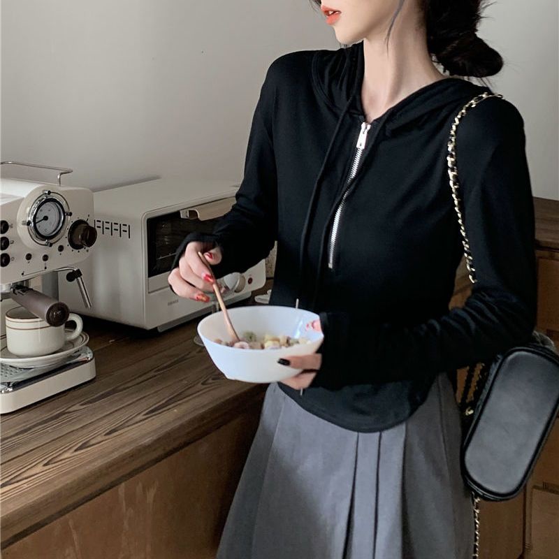 Jiashucheng Áo Thun Dệt Kim Có Mũ Trùm Dáng Ôm Dài Không Đối Xứng Phong Cách Mới Mùa Xuân Cho Nữ @