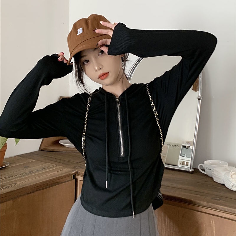 Jiashucheng Áo Thun Dệt Kim Có Mũ Trùm Dáng Ôm Dài Không Đối Xứng Phong Cách Mới Mùa Xuân Cho Nữ @