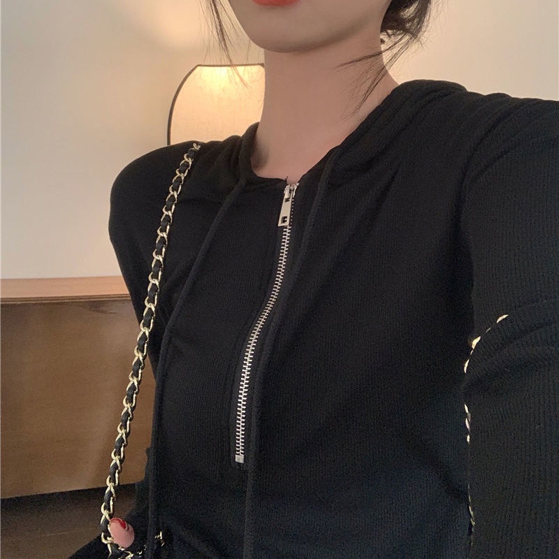 Jiashucheng Áo Thun Dệt Kim Có Mũ Trùm Dáng Ôm Dài Không Đối Xứng Phong Cách Mới Mùa Xuân Cho Nữ @