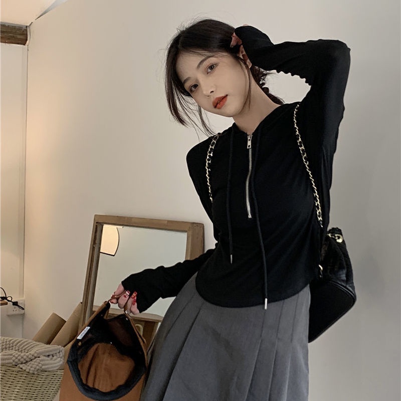 Jiashucheng Áo Thun Dệt Kim Có Mũ Trùm Dáng Ôm Dài Không Đối Xứng Phong Cách Mới Mùa Xuân Cho Nữ @