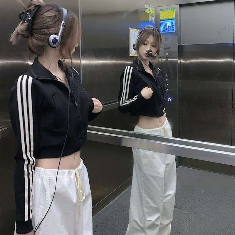 Jiashucheng Áo Khoác Thể Thao Dáng Ngắn Tay Dài Cổ Đứng Có Khóa Kéo Thời Trang Mùa Thu Cho Nữ