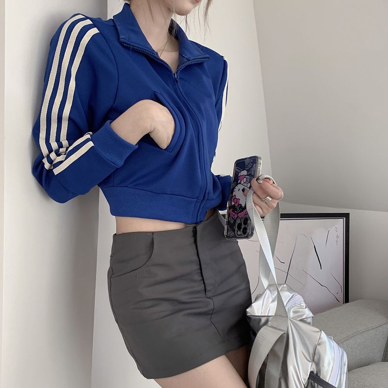 Jiashucheng Áo Khoác Thể Thao Dáng Ngắn Tay Dài Cổ Đứng Có Khóa Kéo Thời Trang Mùa Thu Cho Nữ