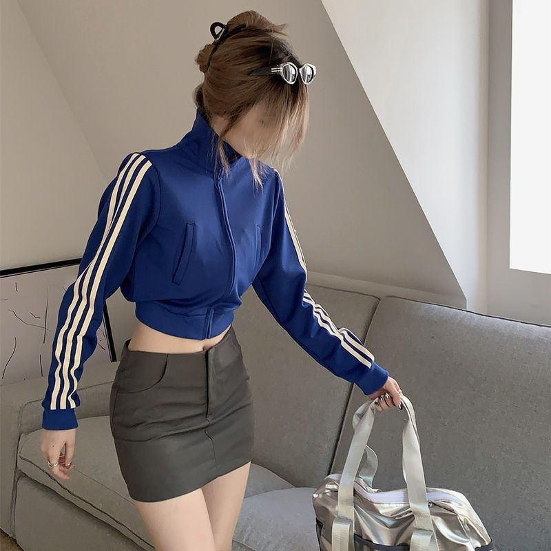 Jiashucheng Áo Khoác Thể Thao Dáng Ngắn Tay Dài Cổ Đứng Có Khóa Kéo Thời Trang Mùa Thu Cho Nữ