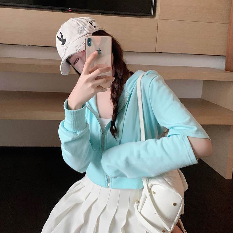 Jiashucheng Áo Khoác Thể Thao Ngắn Có Mũ Trùm Tay Dài Và Khóa Kéo Phong Cách Mới Mùa Thu Cho Nữ