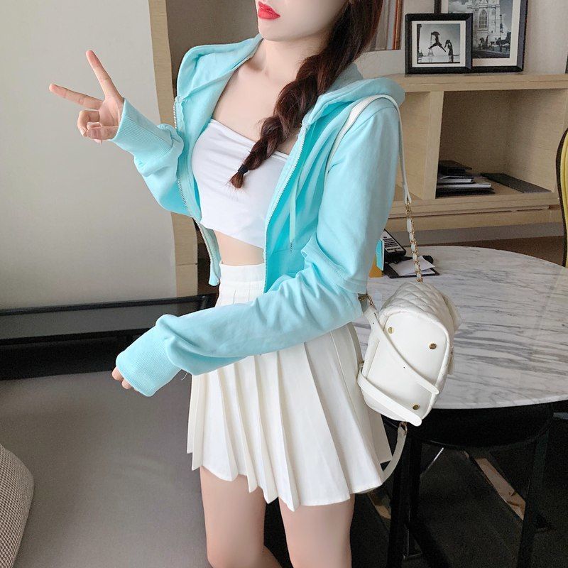 Jiashucheng Áo Khoác Thể Thao Ngắn Có Mũ Trùm Tay Dài Và Khóa Kéo Phong Cách Mới Mùa Thu Cho Nữ