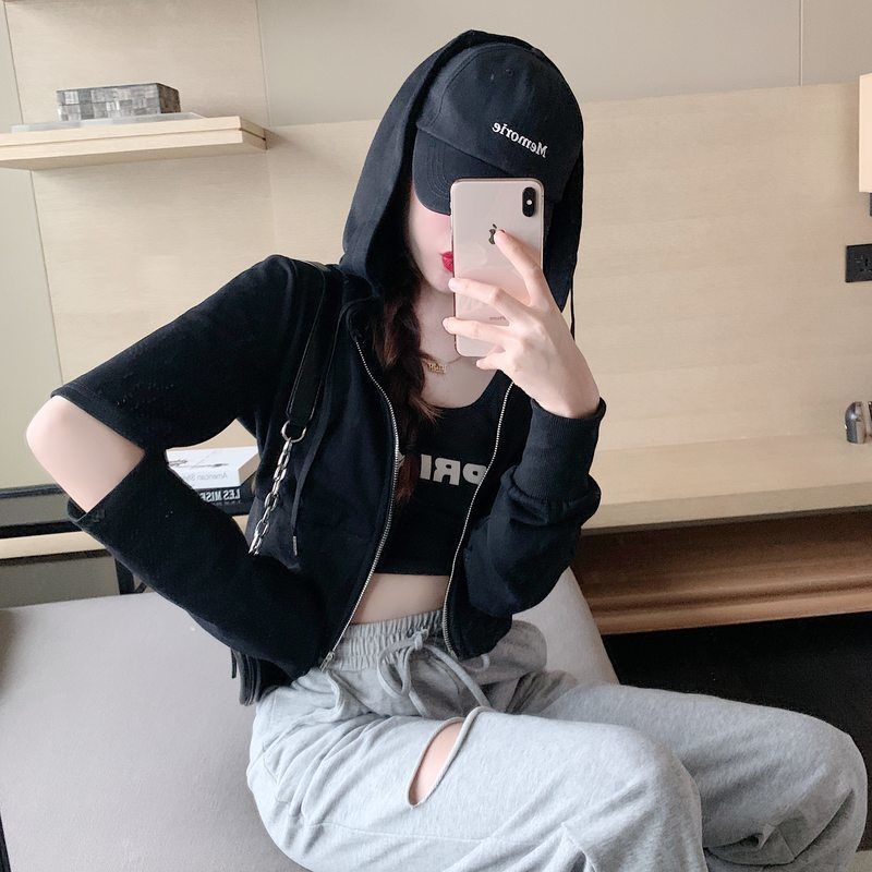 Jiashucheng Áo Khoác Thể Thao Ngắn Có Mũ Trùm Tay Dài Và Khóa Kéo Phong Cách Mới Mùa Thu Cho Nữ