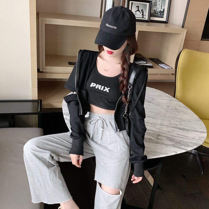 Jiashucheng Áo Khoác Thể Thao Ngắn Có Mũ Trùm Tay Dài Và Khóa Kéo Phong Cách Mới Mùa Thu Cho Nữ