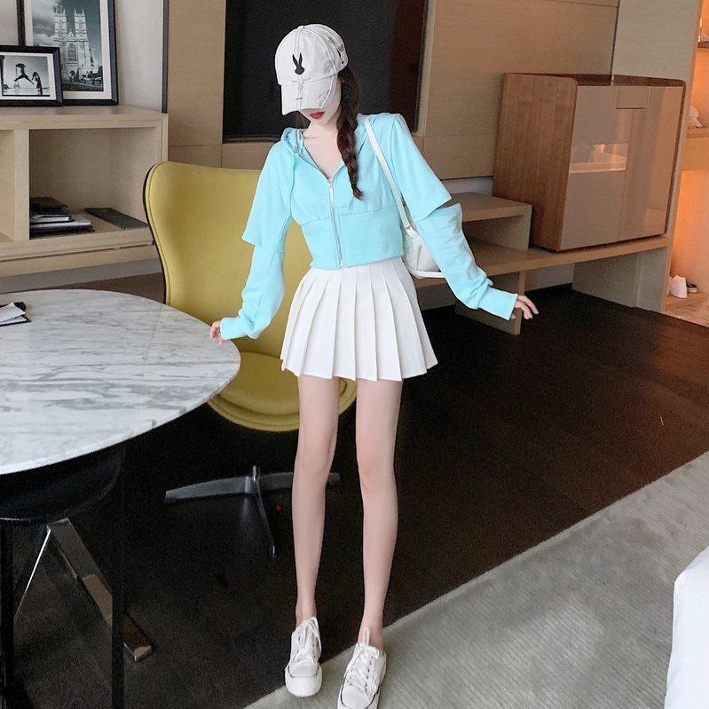 Jiashucheng Áo Khoác Thể Thao Ngắn Có Mũ Trùm Tay Dài Và Khóa Kéo Phong Cách Mới Mùa Thu Cho Nữ