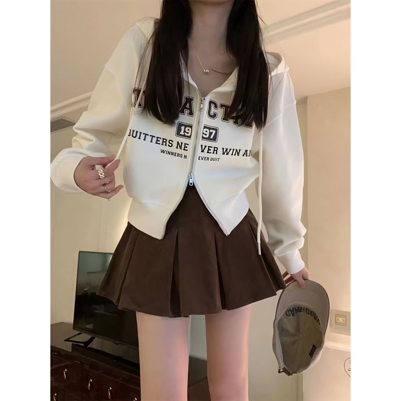 Jiashucheng Áo Hoodie Lửng Tay Dài Có Khóa Kéo In Chữ Phong Cách Mỹ Thời Trang Xuân Thu Mới Cho Nữ