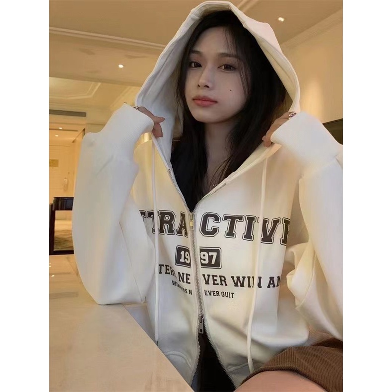 Jiashucheng Áo Hoodie Lửng Tay Dài Có Khóa Kéo In Chữ Phong Cách Mỹ Thời Trang Xuân Thu Mới Cho Nữ