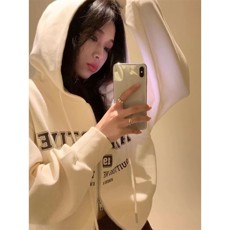 Jiashucheng Áo Hoodie Lửng Tay Dài Có Khóa Kéo In Chữ Phong Cách Mỹ Thời Trang Xuân Thu Mới Cho Nữ