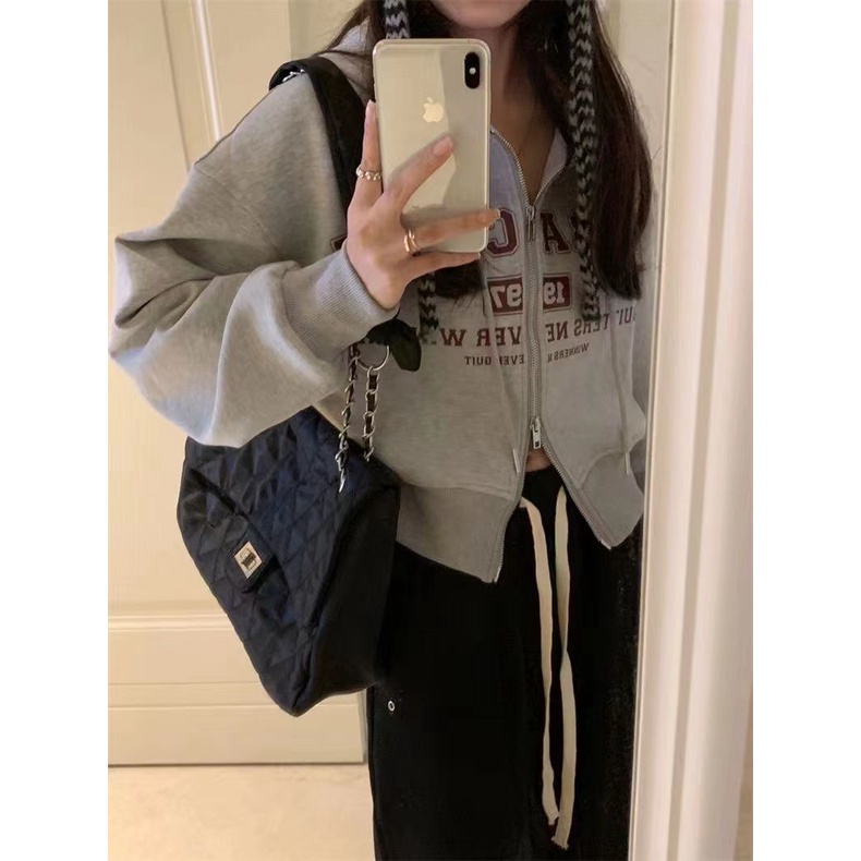 Jiashucheng Áo Hoodie Lửng Tay Dài Có Khóa Kéo In Chữ Phong Cách Mỹ Thời Trang Xuân Thu Mới Cho Nữ