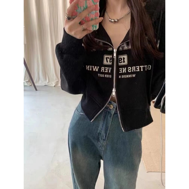 Jiashucheng Áo Hoodie Lửng Tay Dài Có Khóa Kéo In Chữ Phong Cách Mỹ Thời Trang Xuân Thu Mới Cho Nữ