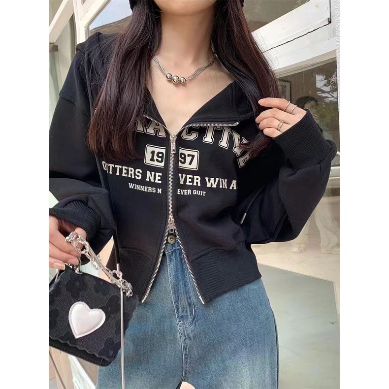 Jiashucheng Áo Hoodie Lửng Tay Dài Có Khóa Kéo In Chữ Phong Cách Mỹ Thời Trang Xuân Thu Mới Cho Nữ